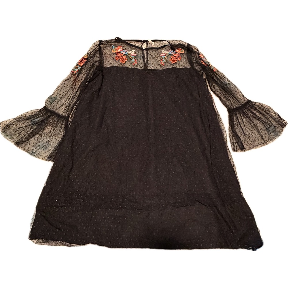 True Destiny Black Mesh Swiss Dot Floral Embroidered Bell Sleeve Tunic Dress L